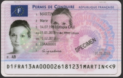 Przykładowe francuskie prawo jazdy