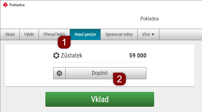 Doplnění hracích peněz