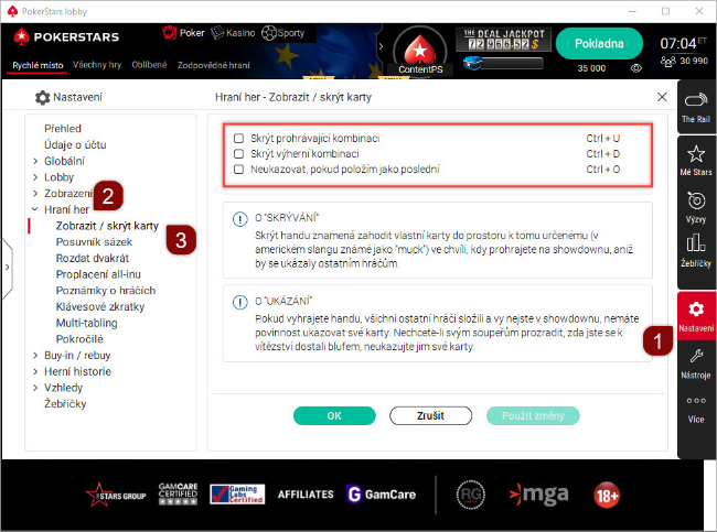 Možnosti "Zobrazit/skrýt karty" v softwaru na počítači