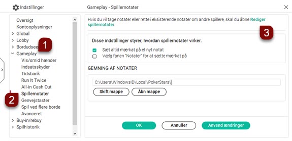 Indstillinger for spillernotater