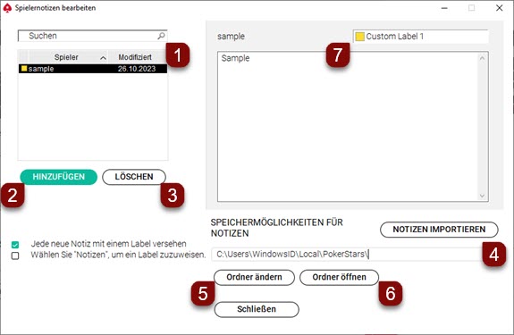 Optionen für Spielernotizen