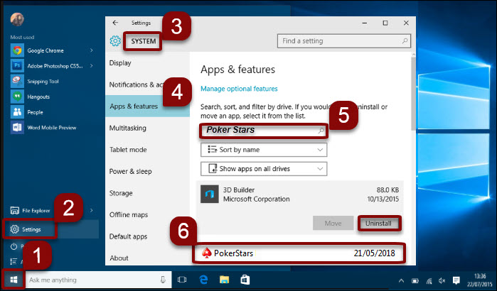 Uninstall software in Windows 10