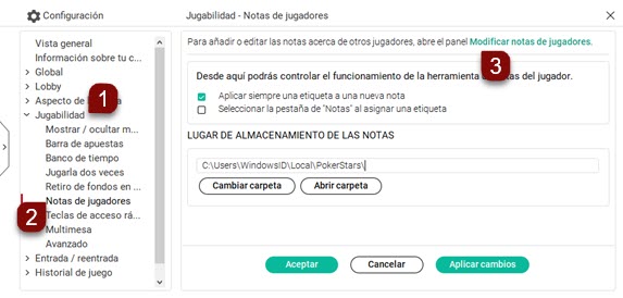 Ajustes de notas de jugadores