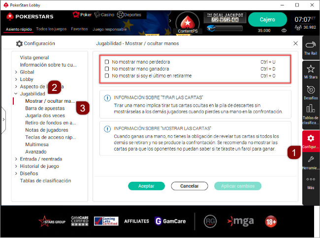 Opciones de "Mostrar/Ocultar manos" en el software para ordenador