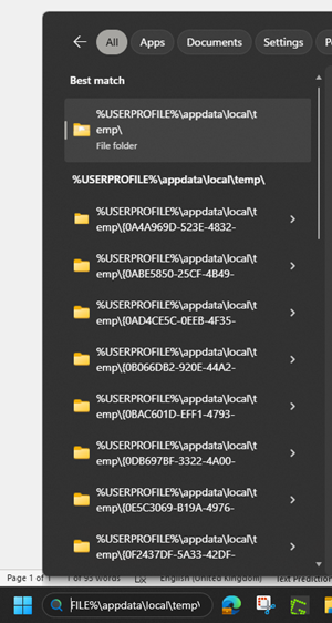 „%USERPROFILE%\appdata\local\temp\“ avamine Windowsi otsinguribal