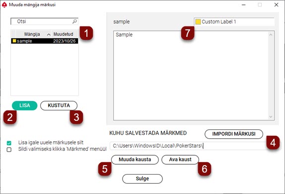 Mängija märkmete seaded