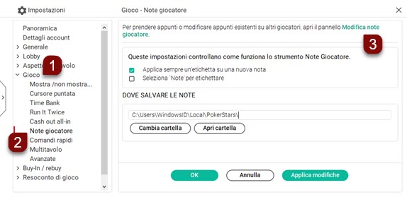 Impostazioni note giocatore