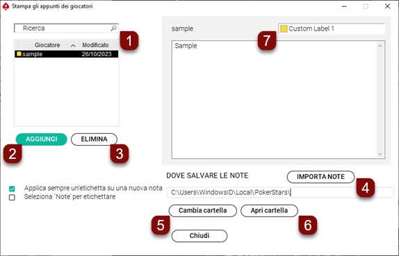 Opzioni note giocatore