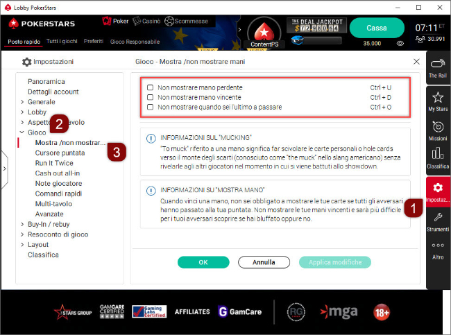 Opzioni "Mostra/Non mostrare mani" sul software per computer