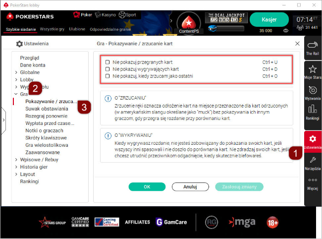 Program na komputerze – opcje „Pokazywanie / zrzucanie kart”