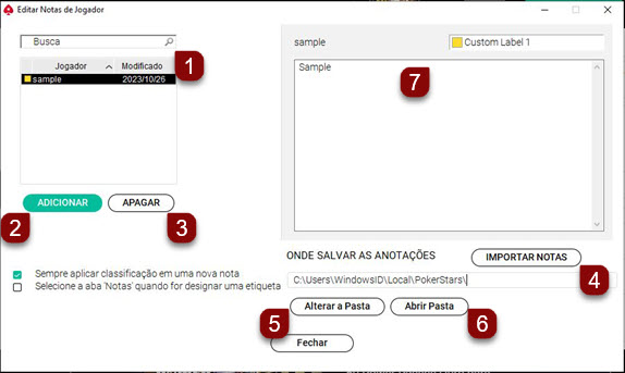Opções de Notas do Jogador