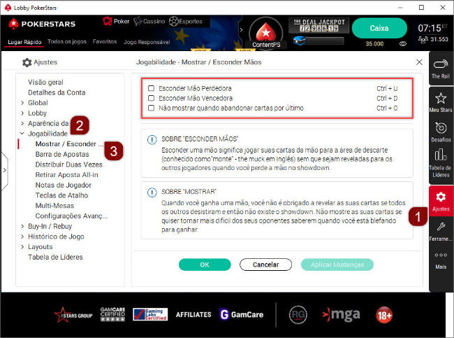 Opções de "Mostrar/Esconder Mãos" do software para computador