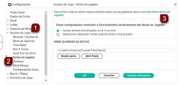 Configurações das Notas de Jogador