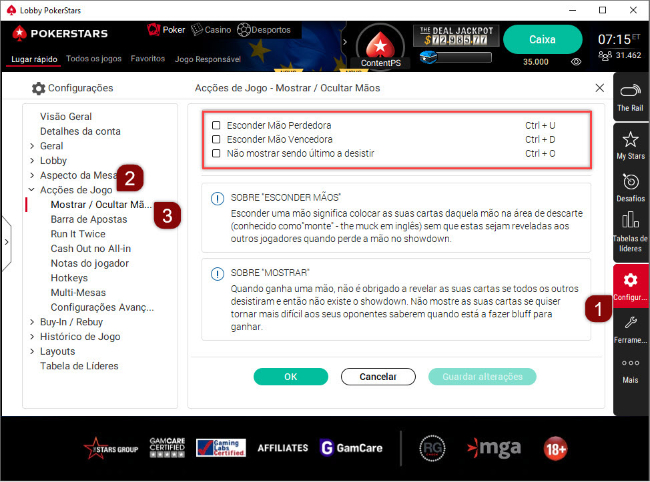 Opções de “Mostrar / esconder mãos” no software para computador