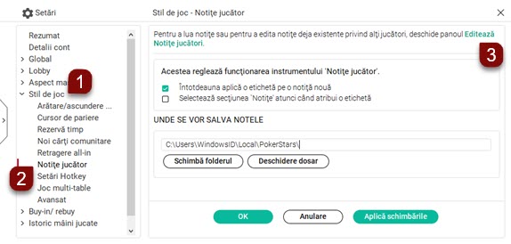 Setări Notiţe jucător