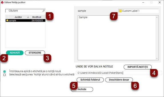 Opţiuni notiţe jucător