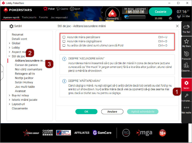 Opţiuni 'Arătare/ascundere mâini' în programul de joc pentru computer